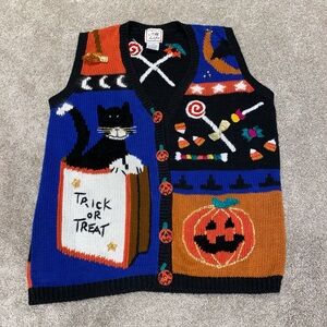 Vintage Spice Of Life Halloween Vest‎ Woman's L Black Cat Candy Pumpkin